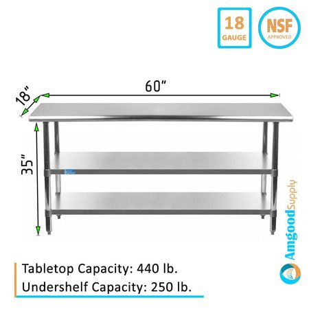 Amgood 18x60 Prep Table with Stainless Steel Top and 2 Shelves AMG WT-1860-2SH